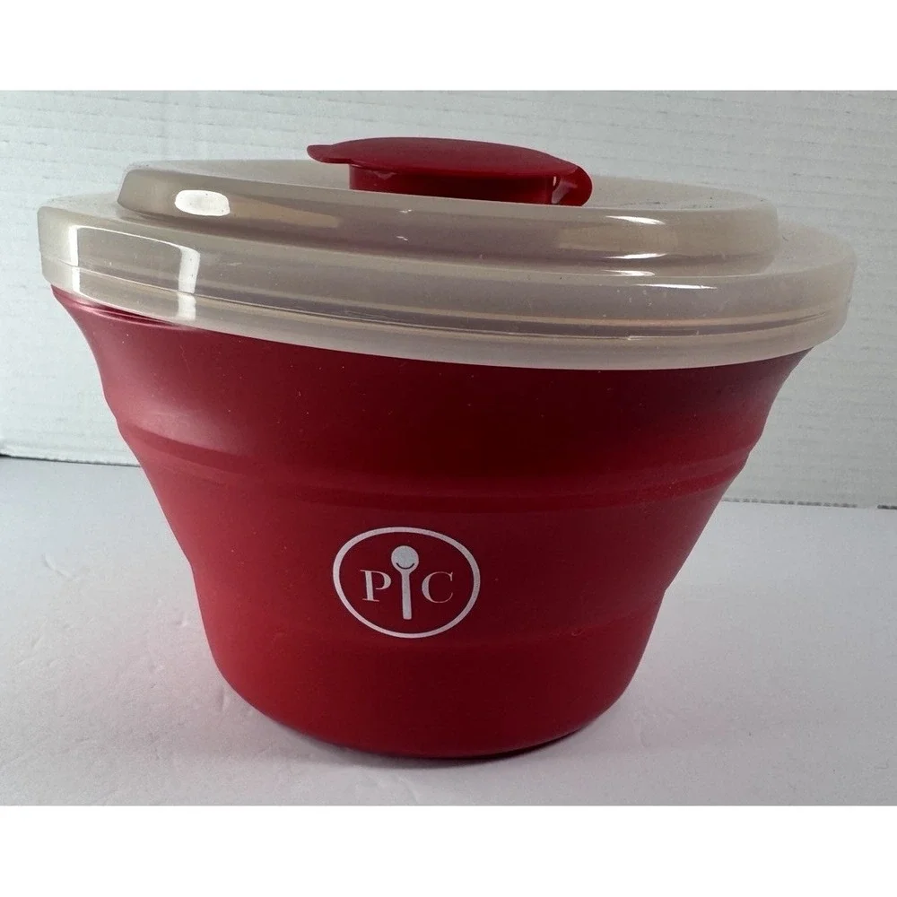Pampered Chef Microwave Popcorn Maker (#1457) Red Silicone Bowl Collapsible